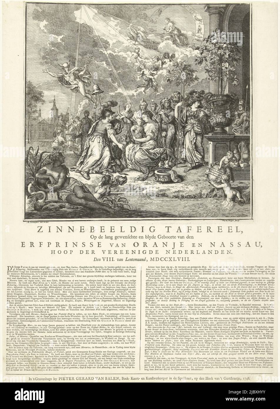 Allégorie de la naissance de Guillaume V, prince d'Orange, 8 mars 1748. Central la personnification du contrôle éternel avec l'enfant dans les armes, entouré de toutes sortes de figures allégoriques, dieux et déesses, pour quitter la Vierge néerlandaise. Sur la droite, l'arbre orange et la rose anglaise se trouvent enempêrés dans un vase. Dans le ciel Mercure et Juno dans son char tiré par des paons avec les signes du zodiaque. En premier plan, à gauche la nymphe de la Hofvijver, en arrière-plan le quartier des stadholder à la Haye. Sur la feuille sous la plaque une explication de la représentation dans deux colonnes, Allegory de la Banque D'Images