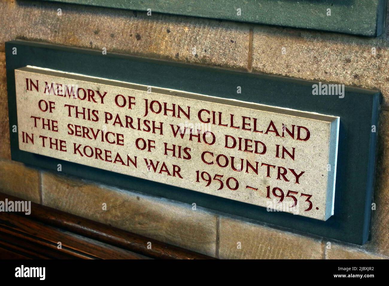 À la mémoire de John Gilleland 1950-1953 Korea, St Oswald's Church, Golborne Rd, Winwick, Warrington, Cheshire, Angleterre, WA2 8SZ Banque D'Images