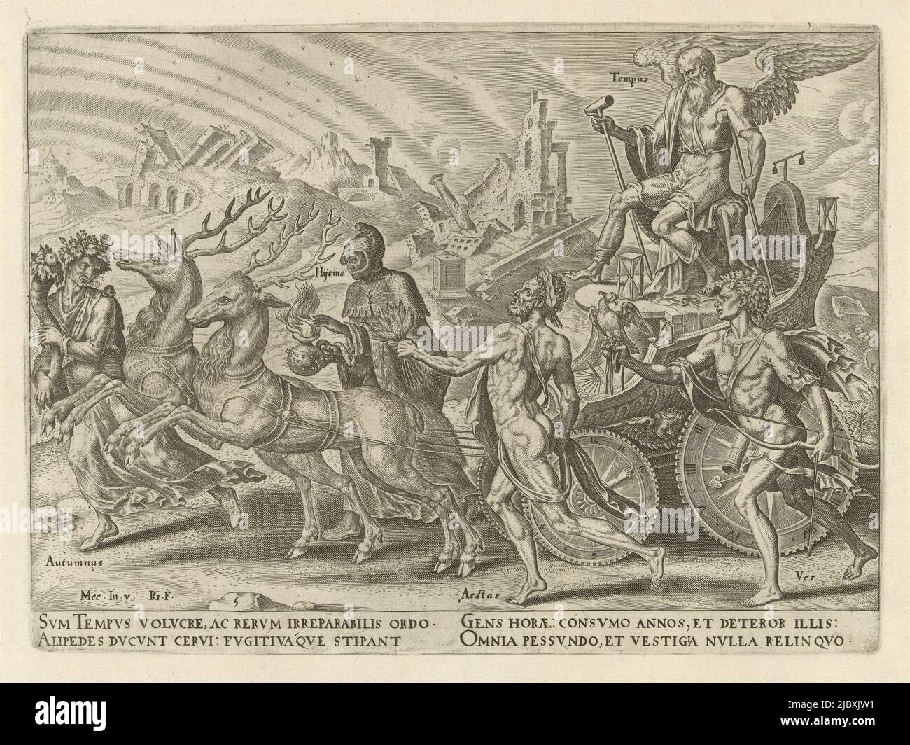Sea Chariot sur lequel le temps (Tempus), comme une barbe de grayée avec des béquilles, s'assoit. À ses pieds est un sablier indiquant le passage du temps. Son char - avec les cadrans d'une horloge comme roues - est tiré par le cerf à pied rapide. Le temps est accompagné des quatre saisons. Les bâtiments en arrière-plan sont tombés en ruines. Un obélisque, érigé pour commémorer un homme puissant, est tombé de son piédestal. Ainsi, le temps surmonte la renommée. L'imprimé a une légende latine et fait partie de la série sur les triomphes de Petrarch, Triumph of Time triomphes de Petrarch (titre de la série), imprimeur: Philips Galle, ( Banque D'Images