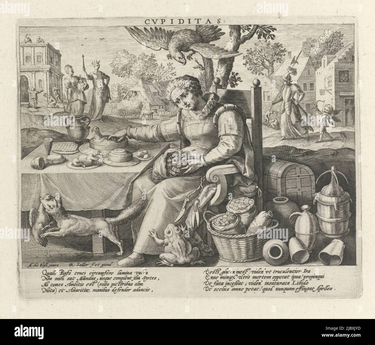 Au premier plan, une dame âgée s'assoit à une table. Elle a un sac d'argent sur ses genoux et atteint un gâteau d'oiseau sur la table. Elle est la personnification du désir (Cupiditas). Autour de ses trois animaux : crapaud, aigle et renard avec un poulet dans sa bouche. À côté de la table se trouvent des coffres, des bocaux et des sacs d'argent. Dans l'arrière-plan gauche un chantier. Devant le bâtiment une femme tenant une ancre et un sac à main riche (cupidité/Avaritia) et un roi avec une couronne et un sceptre (révérence/Ambitio). En arrière-plan à droite, une maison de morals légers. Devant la maison un soldat et Cupid Banque D'Images