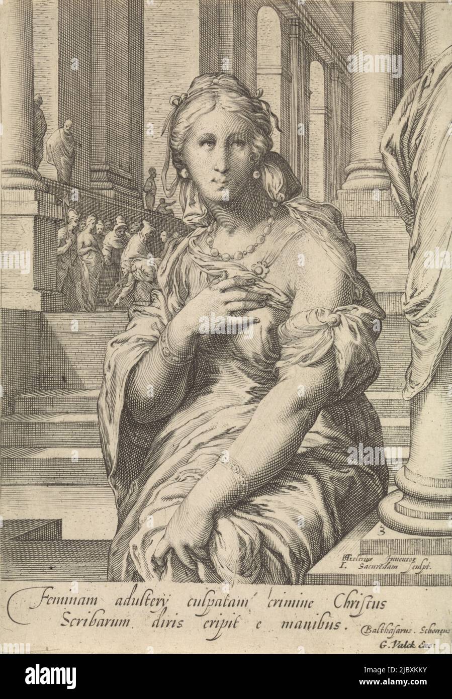 L'Adultére devant un temple. En arrière-plan, les Pharisiens apportent une femme adultère au Christ dans le temple. Christ écrit avec son doigt sur le sol. L'imprimé a une légende latine et fait partie d'une série d'imprimés mettant en vedette des femmes célèbres du Nouveau Testament, les femmes célèbres adorables du Nouveau Testament (titre de la série), imprimeuse: Jan Saenredam, (mentionné sur l'objet), Hendrick Goltzius, (mentionné sur l'objet), Balthasarus Schonaeus, (Mentionné sur l'objet), imprimerie: Pays-Bas du Nord, éditeur: Amsterdam, 1661 - 1726, papier, gravure, h 192 mm × l 135 mm Banque D'Images