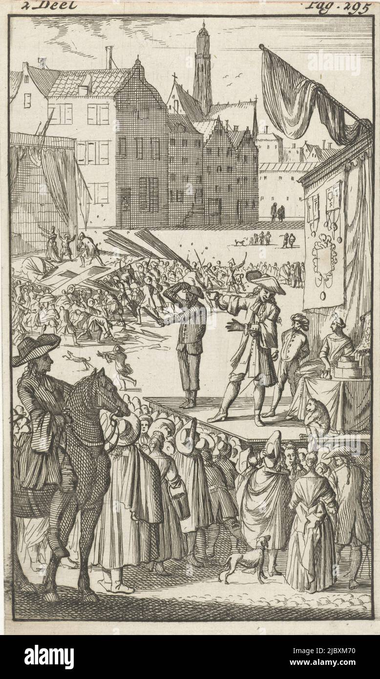 Imprimer en haut à gauche et à droite: 2 partie - page 295., frère de Mirandor employé par un quai, qui a installé sa scène sur une place du marché, imprimeur: Caspar Luyken, éditeur: Pieter van Rijschooten, Amsterdam, 1695, papier, gravure, h 141 mm × l 85 mm Banque D'Images Imprimer en haut à gauche et à droite: 2 partie - page 295., frère de Mirandor employé par un quai, qui a installé sa scène sur une place du marché, imprimeur: Caspar Luyken, éditeur: Pieter van Rijschooten, Amsterdam, 1695, papier, gravure, h 141 mm × l 85 mm Banque D'Images