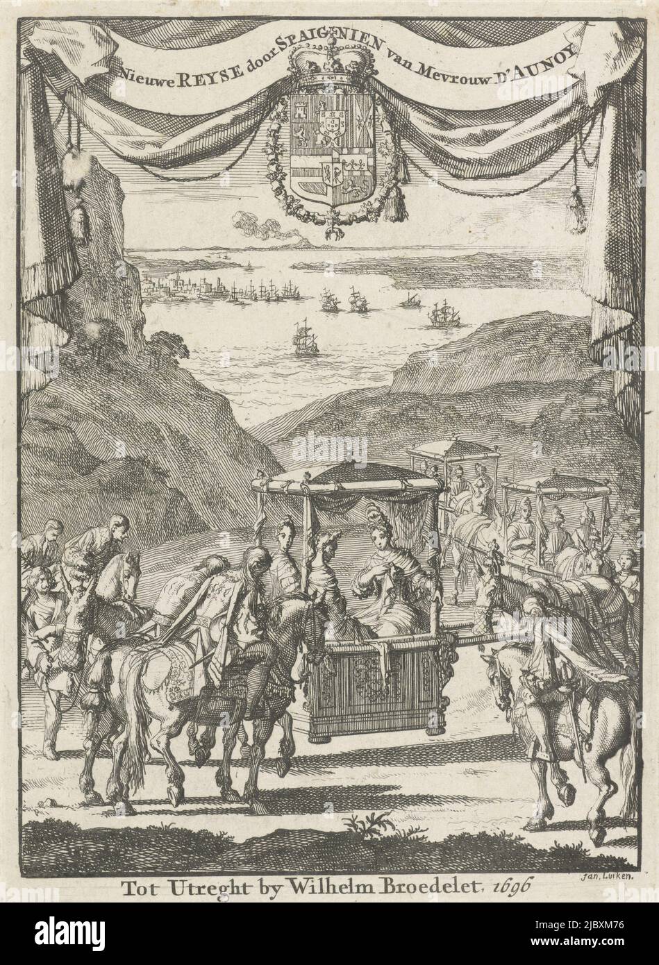 L'écrivain Marie-Catherine d'Aulnoy dans une chaise de berline accueillie par cinq cavaliers page de titre pour: M.C. d'Aulnoy, Reyse door Spaignien, neffens memorien van des selfs hofs, 1696, imprimerie: Jan Luyken, (mentionné sur l'objet), éditeur: Willem Broedelet, (mentionné sur l'objet), imprimeur: Amsterdam, Amsterdam Editeur: Utrecht, 1696, papier, gravure, h 174 mm × l 128 mm Banque D'Images L'écrivain Marie-Catherine d'Aulnoy dans une chaise de berline accueillie par cinq cavaliers page de titre pour: M.C. d'Aulnoy, Reyse door Spaignien, neffens memorien van des selfs hofs, 1696, imprimerie: Jan Luyken, (mentionné sur l'objet), éditeur: Willem Broedelet, (mentionné sur l'objet), imprimeur: Amsterdam, Amsterdam Editeur: Utrecht, 1696, papier, gravure, h 174 mm × l 128 mm Banque D'Images