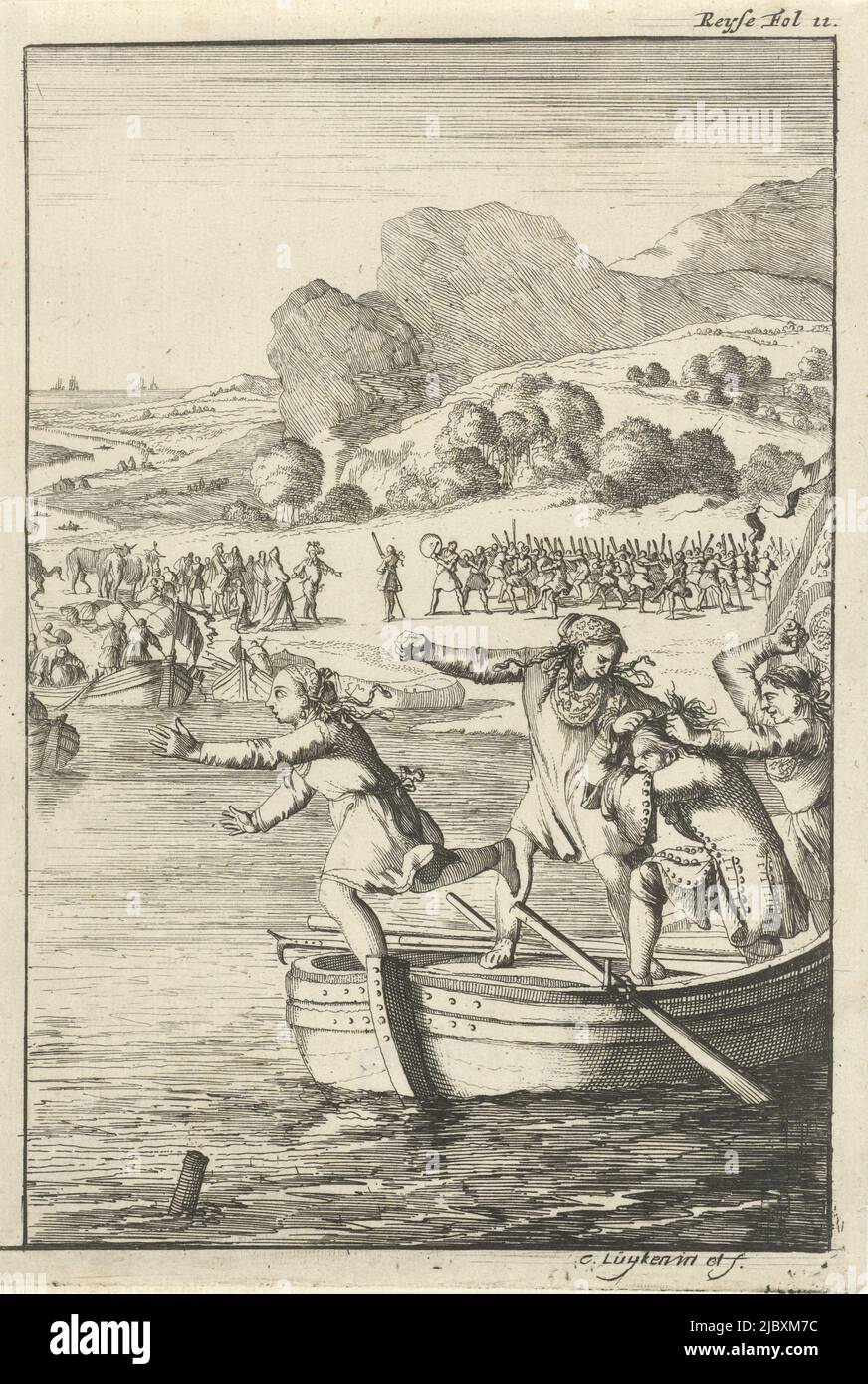 Imprimer en haut à droite: Reyse FOL II., Cook de Marie-Catherine d'Aulnoy arguant sur une barque avec quelques filles de Vizcaya, imprimeur: Caspar Luyken, (mentionné sur l'objet), Caspar Luyken, (mentionné sur l'objet), éditeur: Willem Broedelet, Imprimerie: Amsterdam, éditeur: Utrecht, 1696, papier, gravure, h 192 mm × l 130 mm Banque D'Images Imprimer en haut à droite: Reyse FOL II., Cook de Marie-Catherine d'Aulnoy arguant sur une barque avec quelques filles de Vizcaya, imprimeur: Caspar Luyken, (mentionné sur l'objet), Caspar Luyken, (mentionné sur l'objet), éditeur: Willem Broedelet, Imprimerie: Amsterdam, éditeur: Utrecht, 1696, papier, gravure, h 192 mm × l 130 mm Banque D'Images