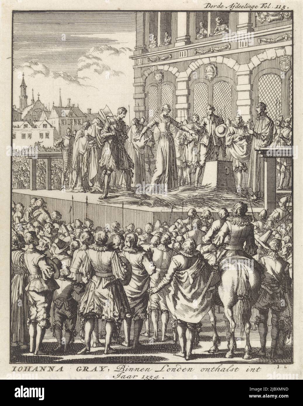 Imprimer en haut à droite : troisième FOL Afdeelinge. 115., décapitation de Lady Jane Gray à Londres, 1554 Johanna Gray, à l'intérieur de Londres onthalst int année 1554 , imprimerie: Jan Luyken, (mentionné sur l'objet), éditeur: Jan Claesz ten Hoorn, Amsterdam, 1698, papier, gravure, h 186 mm × l 150 mm Banque D'Images