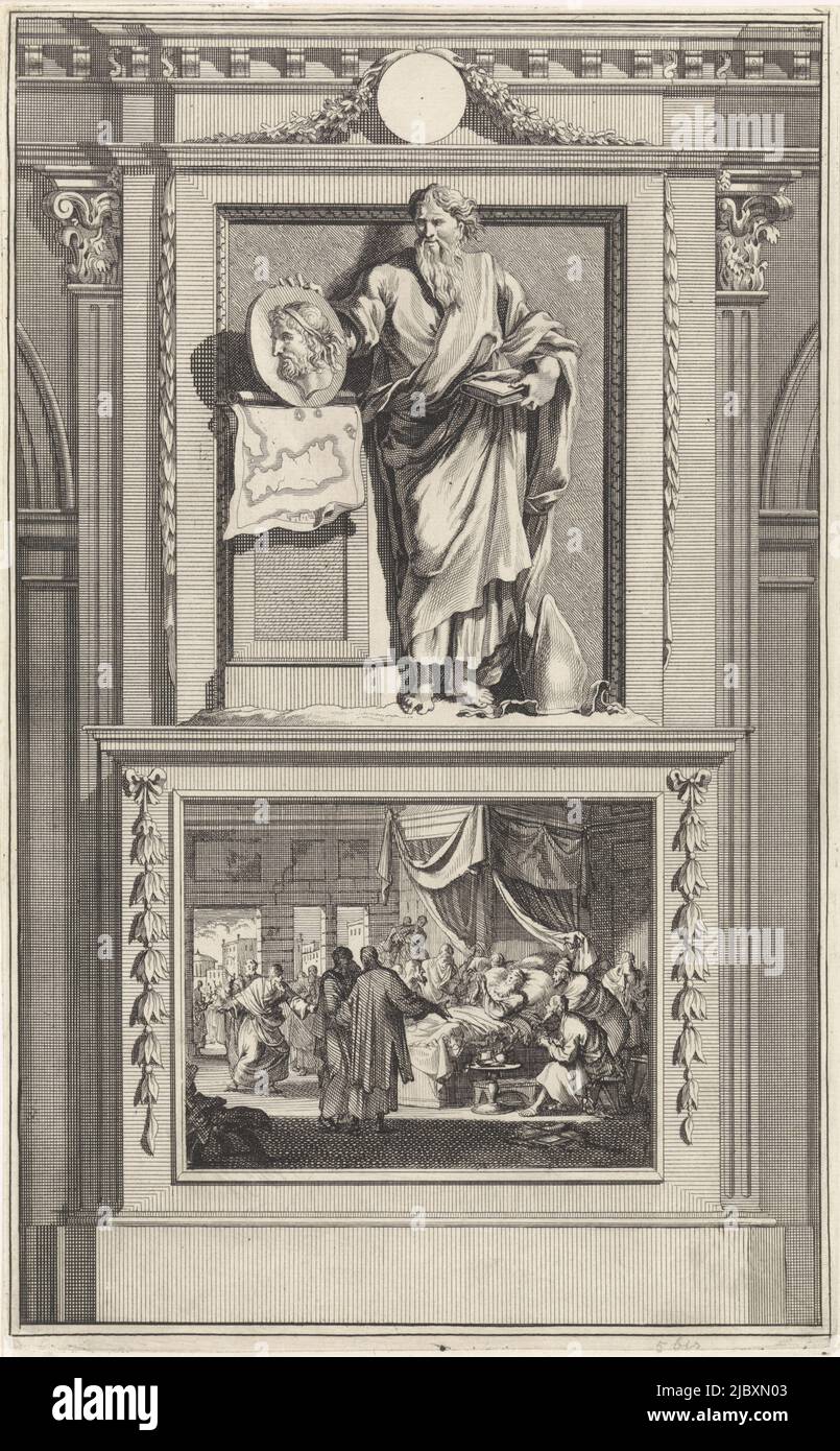 Saint-Titus tient un portrait du roi de Crète soutenu par une carte de cette île. Titus se trouve sur un piédestal où son lit de mort est représenté sur le devant, St. Titus, imprimeur: Jan Luyken, imprimeur: Zacharias Chatelain (II), dessinateur intermédiaire: Jan Goeree, Amsterdam, 1698, papier, gravure, gravure, h 275 mm × l 171 mm Banque D'Images