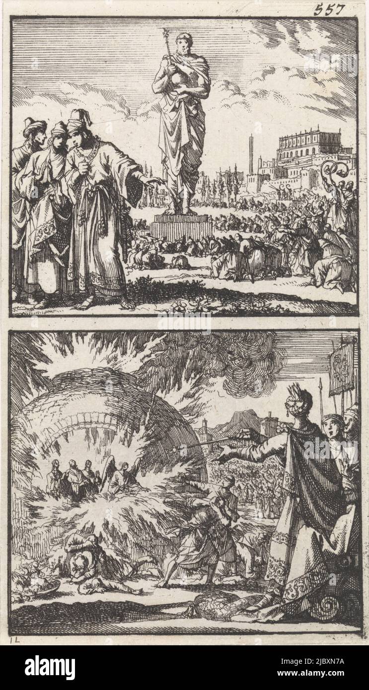 Deux représentations d'une plaque. Numéroté en haut à droite: 557., l'idole de Nebucadnezzar / trois jeunes hommes dans le four à combustion, imprimerie: Jan Luyken, (mentionné sur l'objet), éditeur: Barent Visscher, éditeur: Andries van Damme, Amsterdam, 1698, papier, gravure, h 154 mm × l 88 mm Banque D'Images
