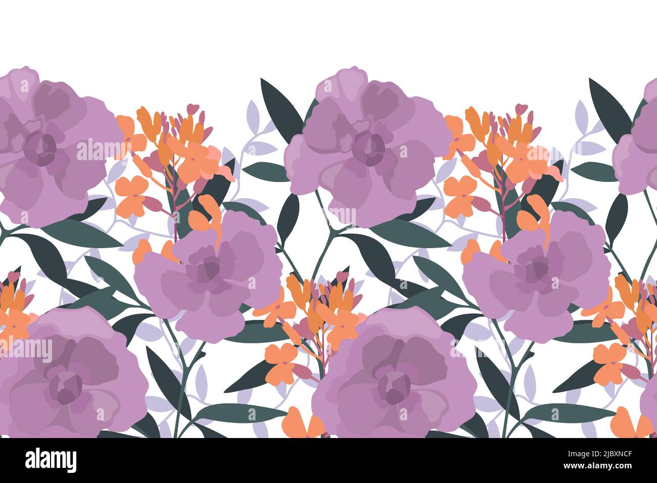 Motif fleuri vectoriel sans couture, bordure. Illustration panoramique horizontale avec fleurs orange et lilas. Illustration de Vecteur