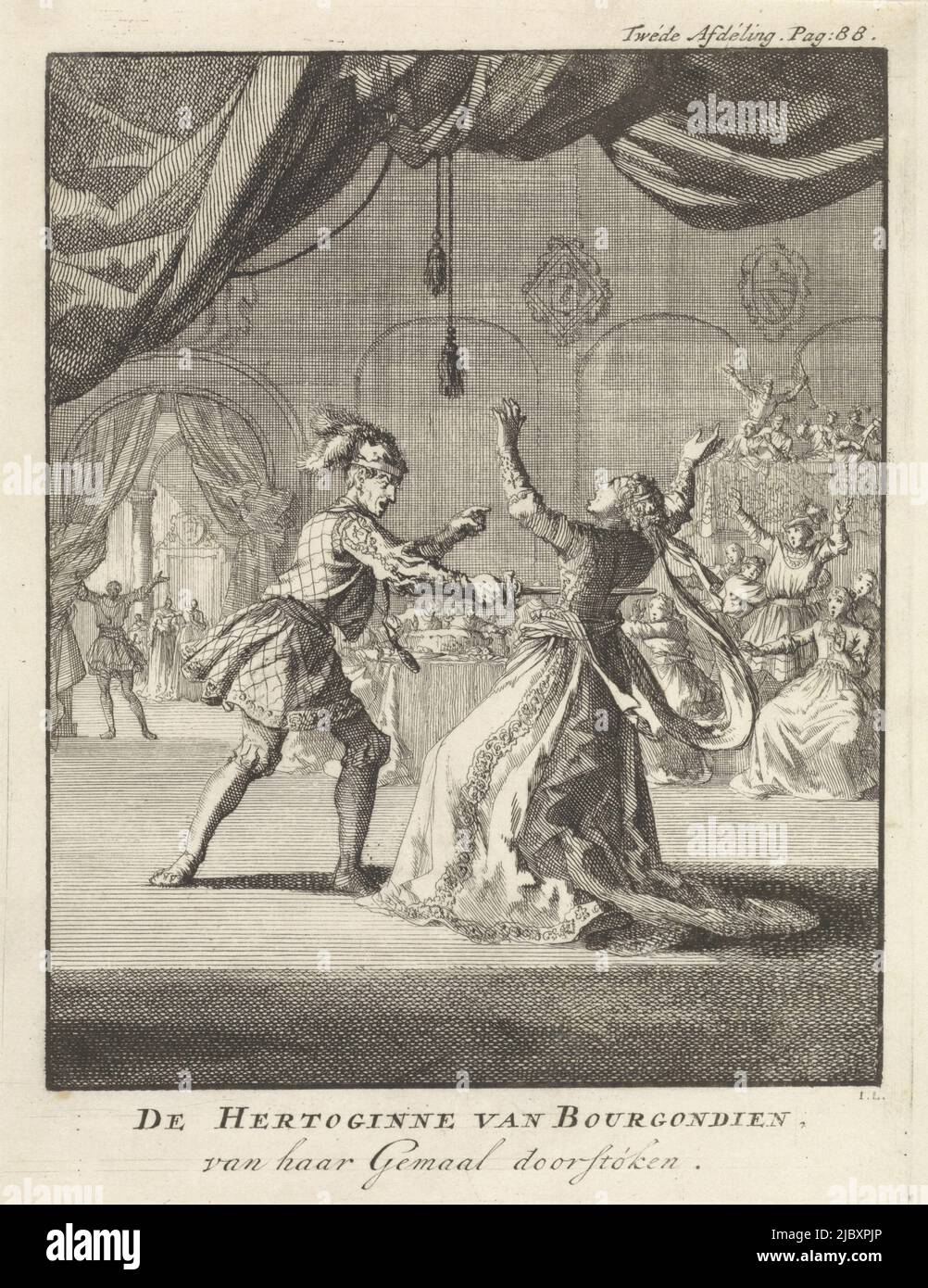 Au cours d'une fête dans une salle de bal, la duchesse de Bourgogne est assassinée par son mari avec un poignard, meurtre de la duchesse de Bourgogne, de son Gemstone percé , imprimeur: Jan Luyken, (mentionné sur l'objet), libraire: Jan Claesz Ten Hoorn, Amsterdam, 1699, papier, gravure, h 198 mm × l 154 mm Banque D'Images