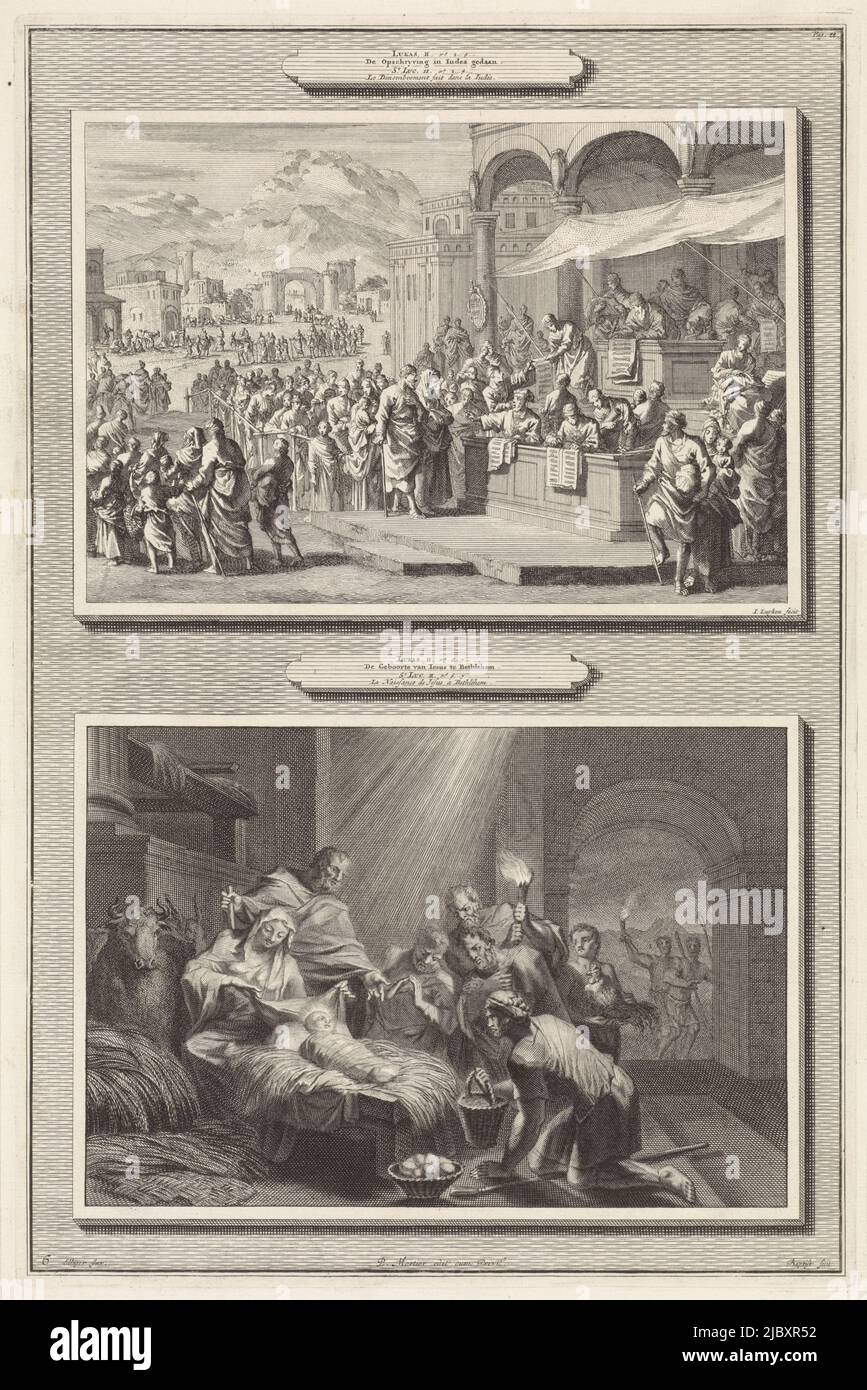Deux représentations sur une diapositive. Ci-dessus: Le recensement de Bethléem. Des lignes de personnes s'alignent dans un bureau pour que leur nom soit entré dans la caisse. Au premier plan, Marie et Joseph relèvent d'un fonctionnaire qui écrit leurs noms. Ci-dessous : les bergers s'agenouillent devant la mangeoire avec l'enfant Christ. Derrière le mangeur Marie et Joseph, Recensement à Bethléem et adoration des bergers Luc II v.1: L'enquête dans Iudea Done / Luc II v.6: La naissance de Jésus à Bethléem ., Imprimeur: Jan Luyken, (mentionné sur l'objet), Imprimeur: Jacobus Baptist, (mentionné sur l'objet), Ottmar Elliger ( Banque D'Images