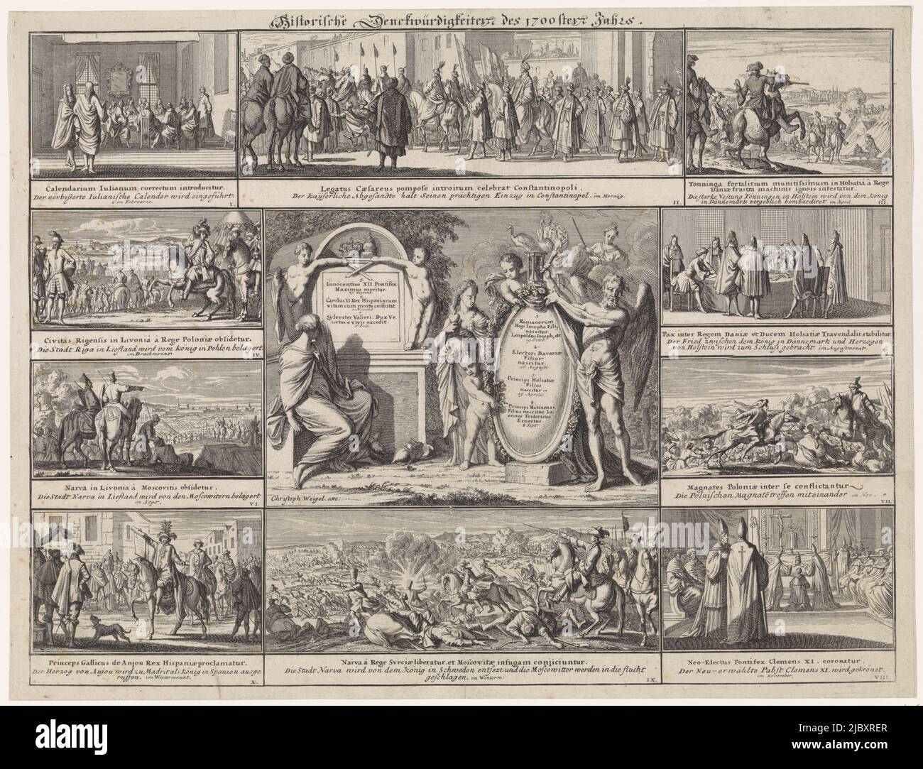 Dix représentations avec les représentations les plus importantes de l'année 1700. Du haut à gauche au bas à droite : L'introduction du calendrier grégorien, l'entrée de l'ambassadeur impérial à Constantinople, le siège de Tönning, le siège de Riga, la paix de Traventhal, le siège de Narva, les batailles en Pologne, Philippe d'Anjou étant proclamé roi Philippe V d'Espagne, la sortie de Narva, Et la bénédiction du nouveau Pape Clément XI Au centre de l'imprimé une représentation avec une pierre tombale à gauche avec les noms des monarques décédés importants. À droite se trouvent les personnalisations Banque D'Images