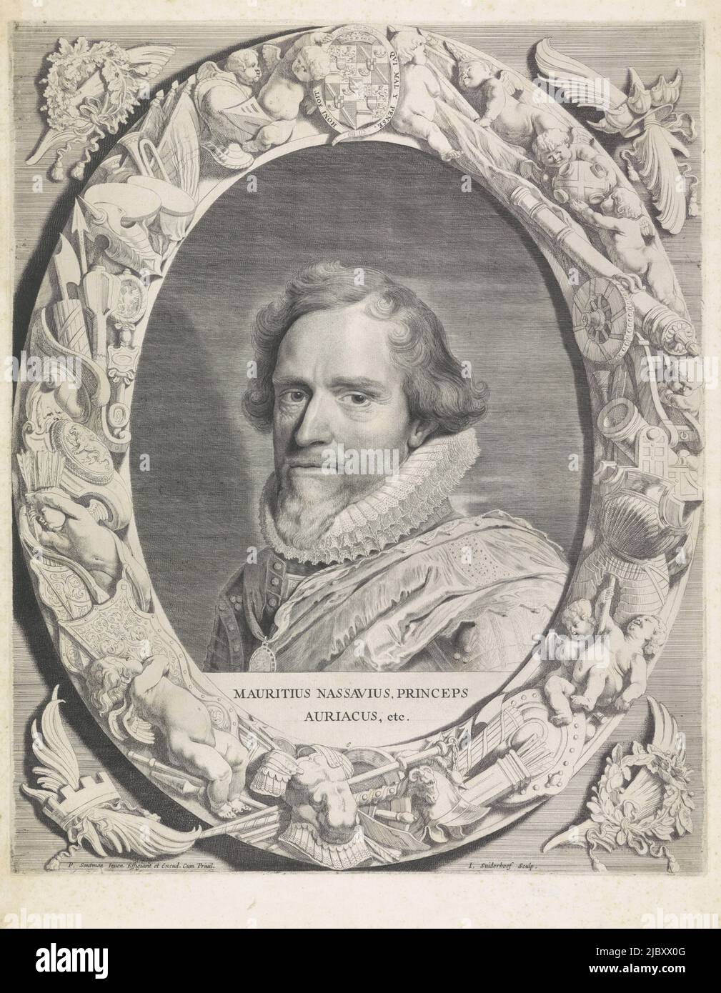 Portrait de Maurice dans un cadre ovale ornementé avec des putti et des armoiries. Au centre au-dessus de son blason. Dans un cadre son nom et ses titres., Portrait de Maurice, Prince d'Orange Comites Nassoviae (titre de la série), imprimerie: Jonas Suyderhoef, (mentionné sur l'objet), imprimerie: Pieter Claesz. Soutman, (attribué à), Pieter Claesz. Soutman, (mentionné sur l'objet), Haarlem, 1643, papier, gravure, gravure, h 485 mm × l 380 mm Banque D'Images