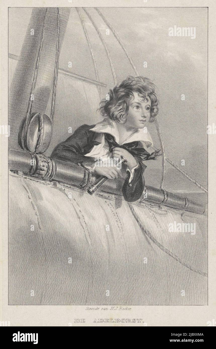 La personne représentée est debout sur un navire, suspendue sur le bord d'une voile repassés avec le vent à son dos. Dans sa main, il tient une paire de jumelles. Au-dessous du portrait les mots: Le midopman,, Portrait d'un midopman, probablement l'amiral Nelson, imprimeur: Hilmar Johannes Backer, (mentionné sur l'objet), Dordrecht, 1822 - 1845, papier, h 243 mm × l 160 mm Banque D'Images
