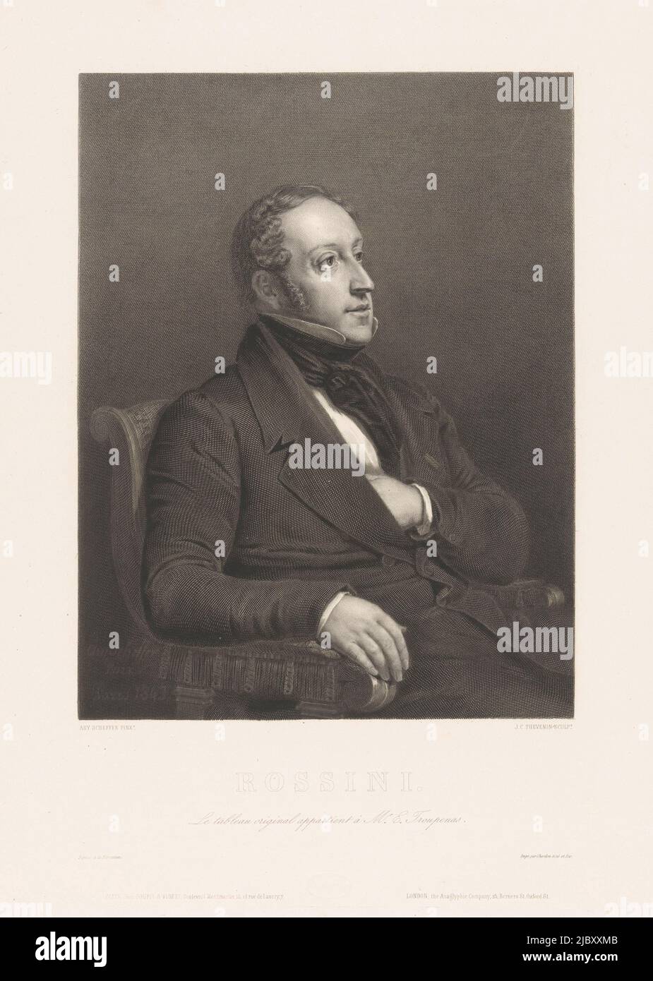 Portrait de Gioacchino Antonio Rossini, assis sur une chaise, imprimerie: Jean Charles Thévenin, (mentionné sur l'objet), d'après: Ary Scheffer, (mentionné sur l'objet), imprimeur: Chardon ainé & Aze., (mentionné sur l'objet), d'après: Paris, éditeur: Paris, éditeur: Londres, 1843 - 1845, papier, gravure en acier, gravure, h 395 mm × l 295 mm Banque D'Images