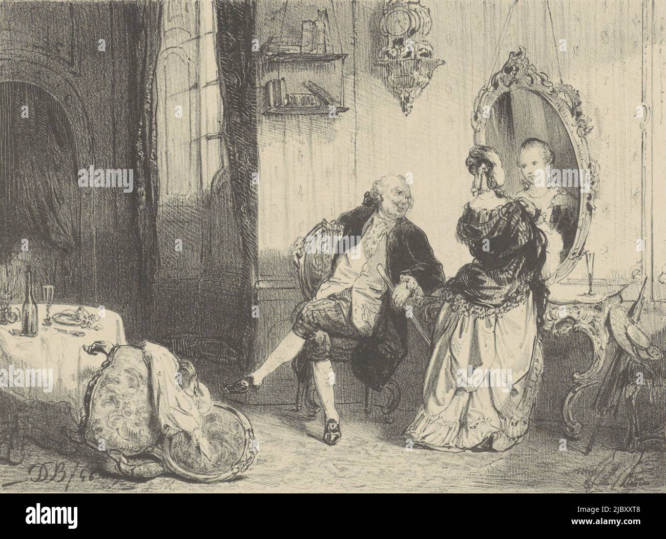 La femme est debout devant le miroir, l'homme est assis à côté d'elle sur une chaise. Sur la gauche se trouve une table avec une chaise tombée à côté., homme et femme dans l'intérieur du XVIIIe siècle, imprimeur: David Bles, (mentionné sur l'objet), 1846, papier Banque D'Images
