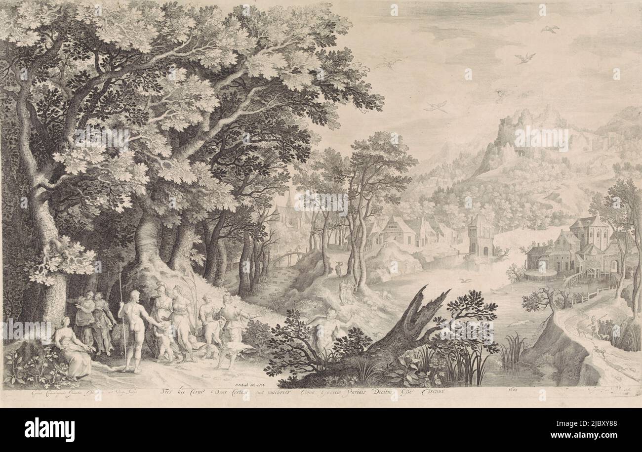 Un paysage avec le jugement de Paris au premier plan à gauche. Mercury a amené Paris aux dieux pour régler un concours de beauté entre les déesses. Il doit choisir qui est le plus beau: Juno (avec le paon comme attribut), Minerva (en armure) ou Vénus (avec Cupid à côté d'elle). Paris choisit Vénus et la présente avec une pomme dorée comme prix. En arrière-plan un village à une rivière, jugement de Paris, imprimerie: Nicolaes de Bruyn, (mentionné sur objet), Gilles van Coninxloo (II), (mentionné sur objet), éditeur: Pieter Schenk (I), (mentionné sur objet), imprimerie: Anvers, éditeur Banque D'Images