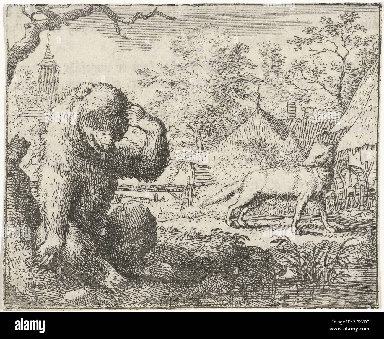 Le Bruun blessé l'ours est assis avec sa patte près de sa tête contre un tronc d'arbre. Un peu plus loin sur les stands Reinaert le renard. Au verso de l'imprimé, un fragment de texte allemand de l'histoire de Reinaert le renard. Reinaert rebukes the blessée Bruun The Bear Reinaert The Fox illustrations for Reijntje The Fox , imprimerie: Allaert van Everdingen, pays-Bas, 1631 - 1675, papier, gravure, h 95 mm × l 116 mm Banque D'Images