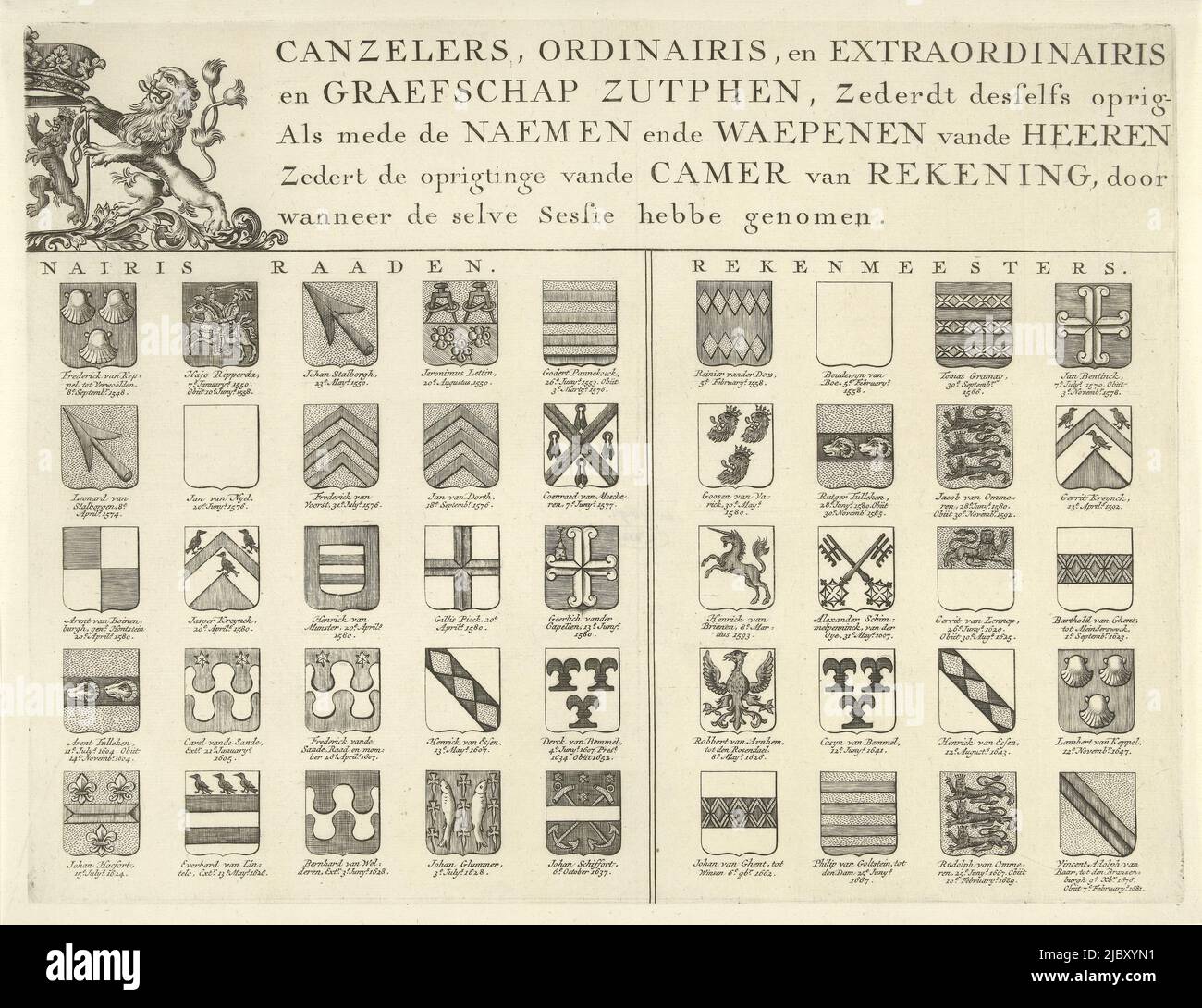 Noms et armes dans la principauté de Gelre et le comté de Zutphen, en haut à droite, imprimerie: Wilhelmus Ten Haegh, pays Bas, 1700 - 1799, papier, gravure, h 277 mm × l 362 mm Banque D'Images
