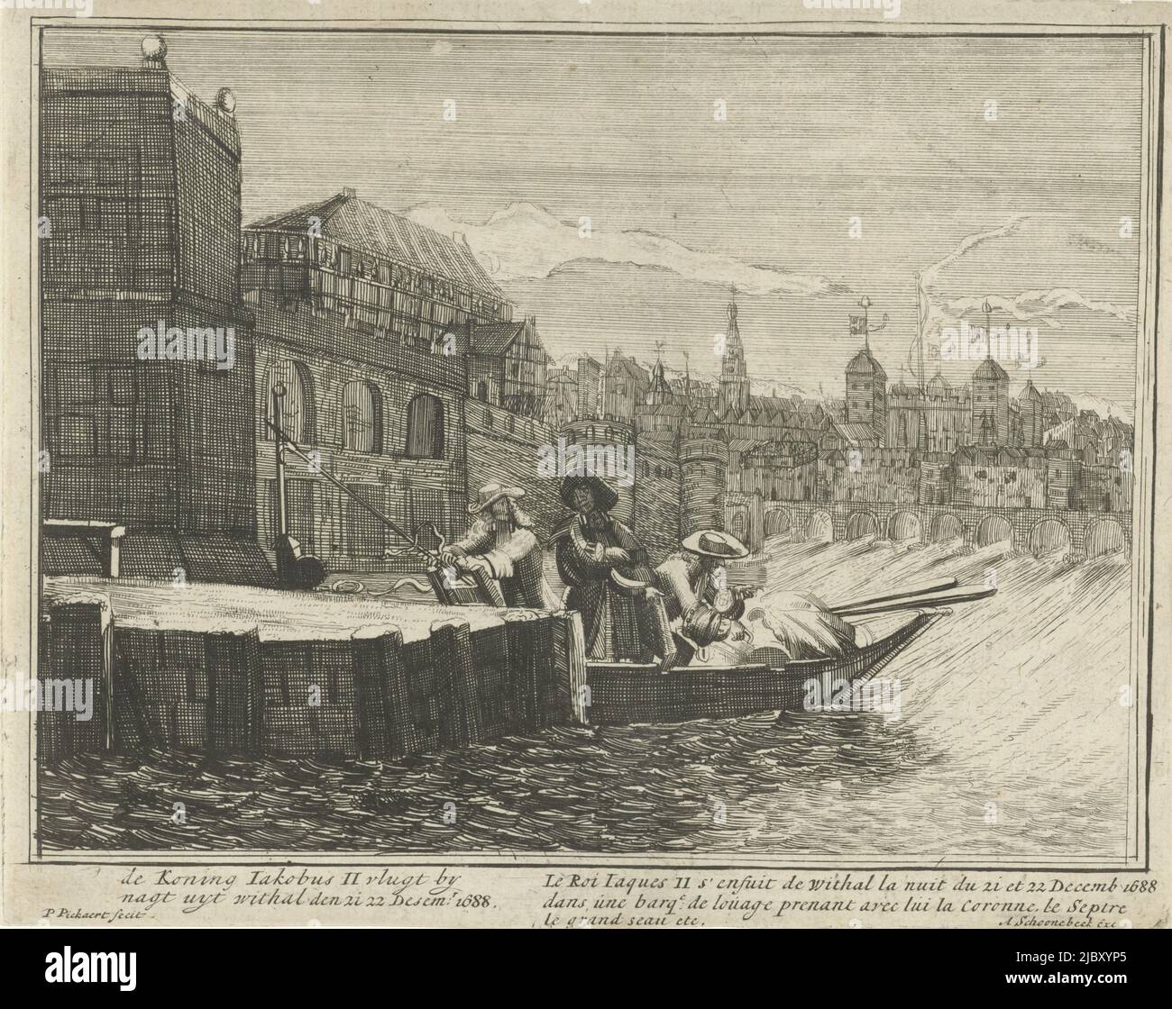 Le vol de nuit du roi James II du palais de Whitehall Londres, 20 décembre 1688 possessions chargées dans un barque plate K dans la série 'Engelants schouwtoneel' sur la Révolution glorieuse et les événements des années précédentes 1685-1689 première partie avec des légendes en néerlandais et français, Vlucht van koning Jacobus II, 1688 de Koning Jakobus II vlugt by nagt uyt withal den 21 22 Desemr 1688 Engelants schouwtoneel, verbeeldde het vlugte van Jacobus II, Koning van Groot Brit Britten etc met desselfs aankomst in Yere, Pioverer, Piere, Piovanger, en print, Piobus II, Pioverer, Piovert Banque D'Images