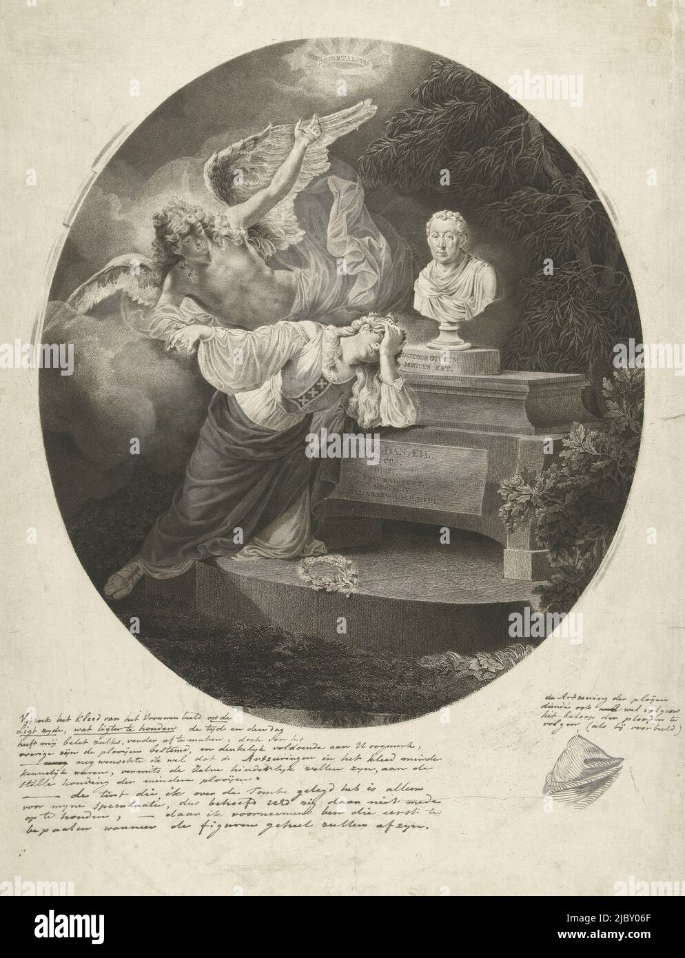 La ville vierge d'Amsterdam pleure à la tombe du maire d'Amsterdam, Hendrik Hooft Daniëlsz. Un ange la soutient dans son chagrin et lui rappelle l'immortalité du défunt. Sur le tombeau se trouve un buste de portrait de Hendrik Hooft Daniëlsz. Dans un style ancien, un dessin-modèle pour Hendrik Hooft Daniëlsz., imprimeur: Lambertus Antonius Claessens, dessinateur intermédiaire: Jacques Kuyper, Amsterdam, 1794, papier, gravure, brosse, h 490 mm × l 390 mm Banque D'Images