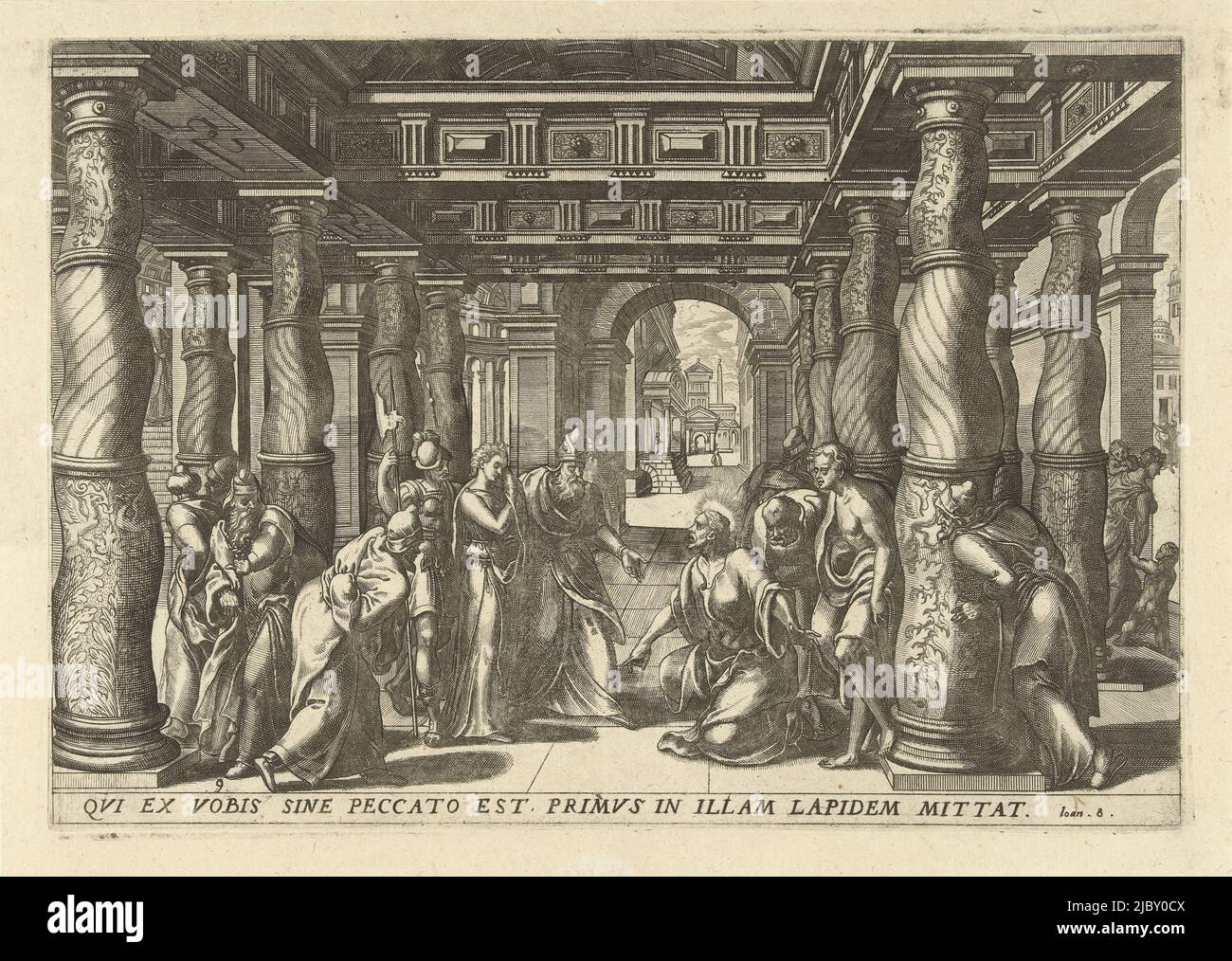 Les scribes apportent une adultération au Christ dans le temple. Ils lui demandent de la condamner. Christ et l'adultère Memorabilivm Novi Tétamenti in templo trébuchement icones tredecim elegantissimi ac ornatissimi (titre de la série)., Imprimeur: Lucas van Doetechum, Gerard van Groeningen, éditeur: Gerard de Jode, Anvers, c. 1572, papier, gravure, gravure, h 200 mm × l 288 mm Banque D'Images