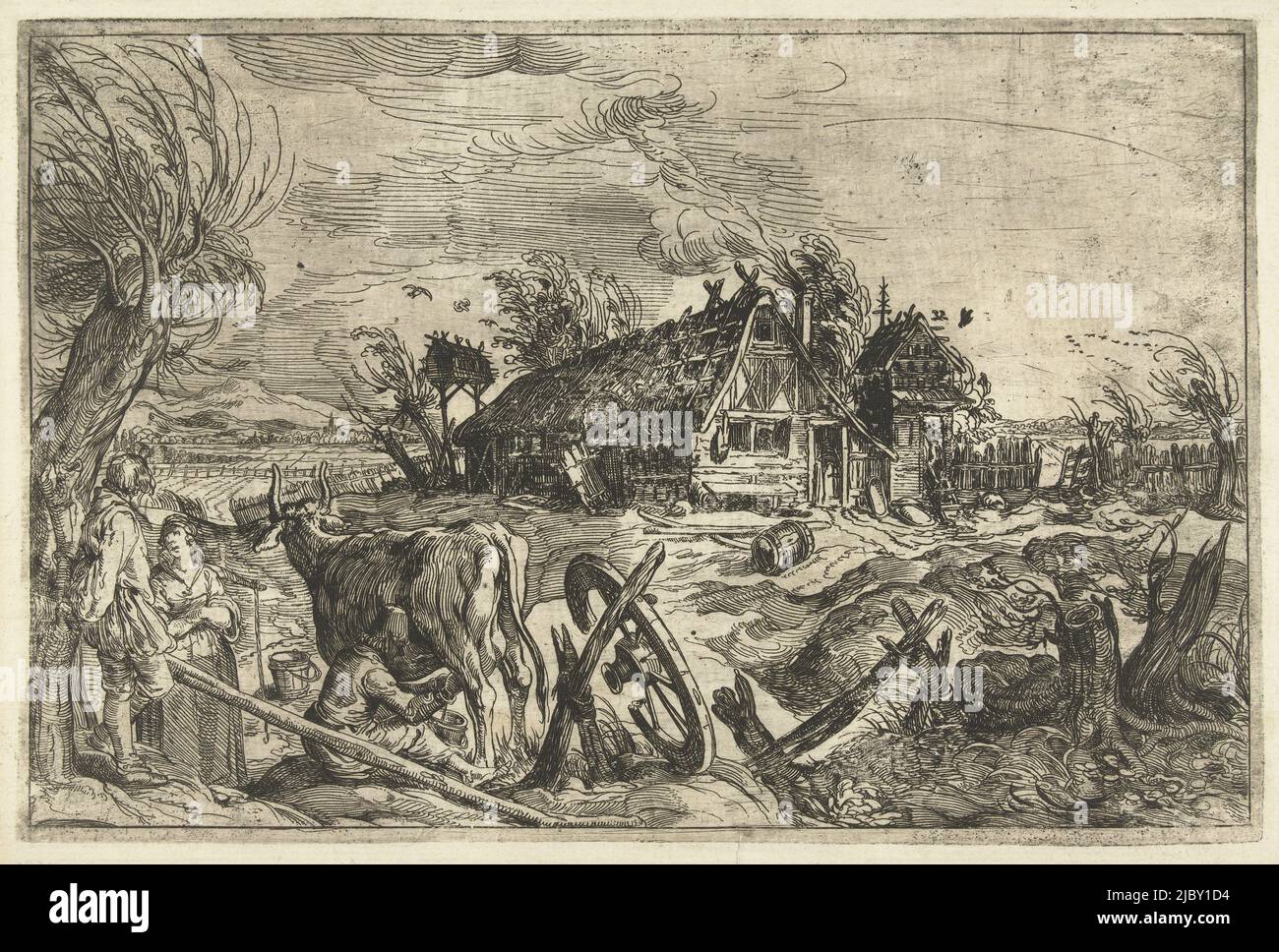 Paysage avec ferme avec cheminée. Au premier plan, un homme et une femme parlent entre eux, tandis qu'à côté d'eux, un garçon traite une vache., Paysage avec ferme, Imprimeur: Jacob de Gheyn (II), (attribution rejetée), Imprimeur: Anonyme, pays-Bas, 1775 - 1800, papier, gravure, h 210 mm × l 317 mm Banque D'Images