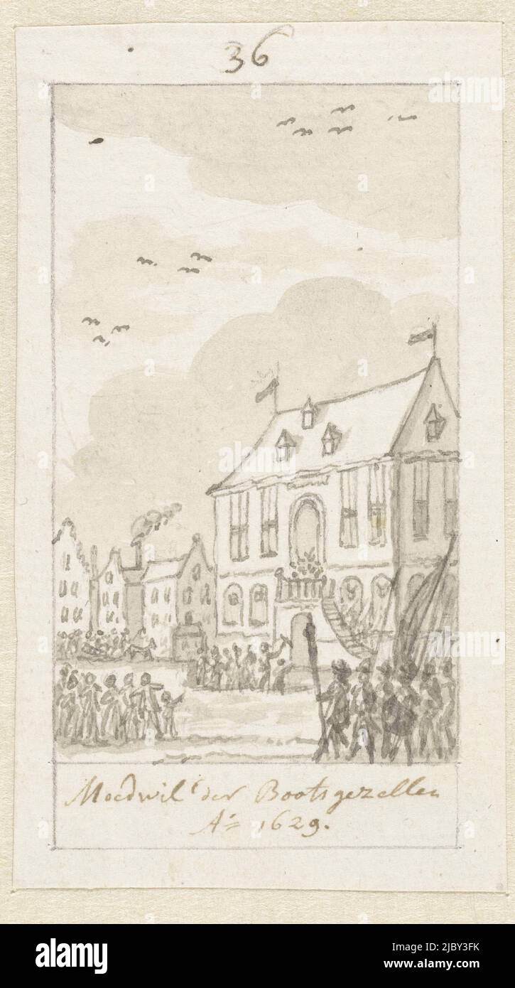 L'équipage du navire rebelle à Amsterdam, 1629 ans, Simon Fokke, 1722 - 1784 ans, les émeutes de l'équipage du navire rebelle à Amsterdam, pour avoir retenu leur part du butin de la flotte d'argent, janvier 1629. Design for a print., dessinateur: Simon Fokke, pays-Bas du Nord, 1722 - 1784, papier, stylo, brosse, h 91 mm × l 52 mm Banque D'Images