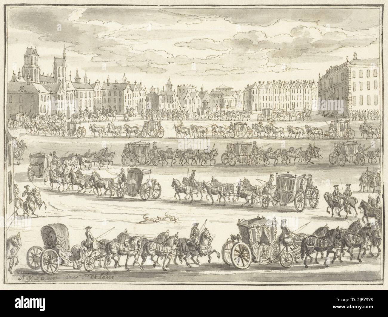 Entrée de Cornelis Hop comme ambassadeur à Paris, 23 juin 1719, Adolf van der Laan, 1719 - 1720, entrée de Cornelis Hop (II) comme ambassadeur à Paris, 23 juin 1719. Une longue procession de voitures traverse la place. Design pour une impression., dessinateur: Adolf van der Laan, pays-Bas du Nord, 1719 - 1720, papier, h 137 mm × l 186 mm Banque D'Images