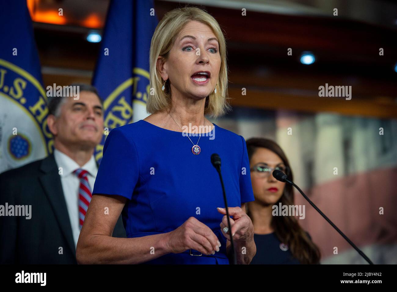 La représentante des États-Unis Mary E. Miller (républicaine de l'Illinois) fait des remarques sur la protection des droits des citoyens en matière de deuxième amendement lors d'une conférence de presse au Capitole des États-Unis à Washington, DC, mercredi, 8 juin 2022. Crédit : Rod Lamkey/CNP Banque D'Images