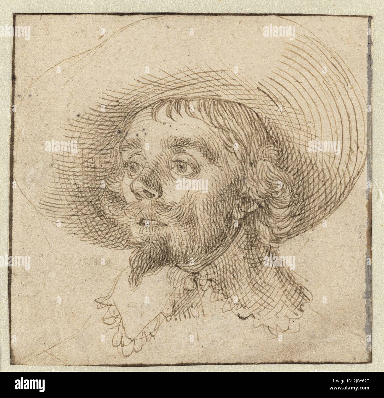 Portrait d'un jeune homme avec un chapeau à large bord, une barbe pointue et une moustache. Design pour une impression, Portrait de Hendrick Cornelisz Vroom (?), dessinateur: David Bailly, (attribué à), dessinateur: Jan Philipsz. Van Bouckhorst, (éventuellement), 1594 - 1657, papier, stylo, h 111 mm × l 116 mm Banque D'Images