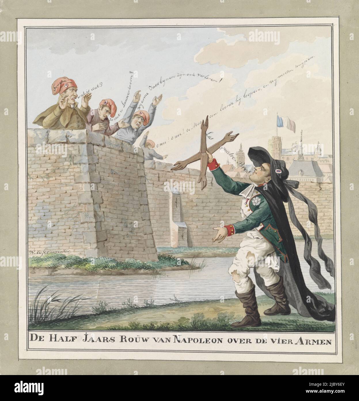 Retour de Napoléon à Paris après Waterloo, 1815, Wijnand Esser, 1815 - 1820, dessin animé sur le retour de Napoléon à Paris après la bataille perdue de Waterloo, 20 juin 1815. Napoléon en uniforme battu et chapeau de lamfer (chapeau avec lamfer de deuil) et manteau de deuil et de travers (les quatre-bras) en main, debout à l'extérieur du mur de la ville de Paris. Sur le mur de la ville se trouvent quatre Français avec des chapeaux Jacobin regardant terrifié, Fouché sur la gauche., dessinateur: Wijnand Esser, (mentionné sur l'objet), pays-Bas, 1815 - 1820, papier, stylo, pinceau, h 333 mm × l 318 mm Banque D'Images