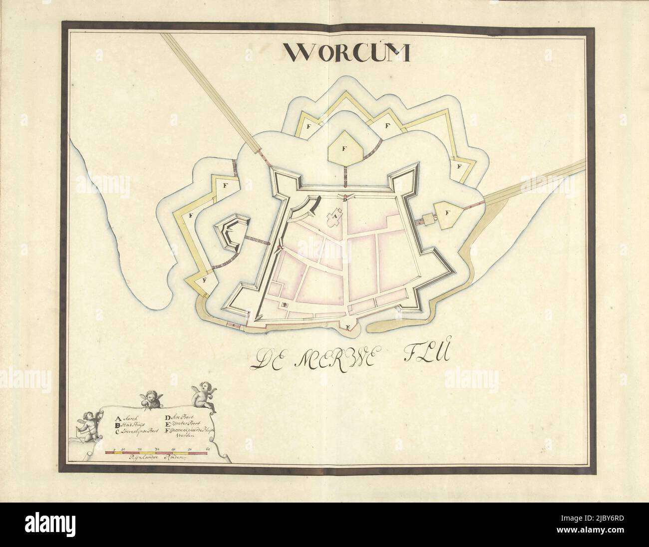 Plan de travail, env. 1701-1715, Samuel du Ry de Champdoré, 1701 - 1715, Plan des fortifications autour de la ville de Workum, ca. 1701-1715. En bas à gauche une cartouche avec la légende A-F en néerlandais, avec trois putti tenant des boussoles et du ruban de mesure. Partie d'une collection de plans dessinés de villes fortifiées aux pays-Bas et dans les pays voisins au moment de la guerre de succession d'Espagne (partie A)., rapporteur pour avis: Samuel du Ry de Champdoré, pays-Bas, 1701 - 1715, papier, h 482 mm × l 620 mm Banque D'Images