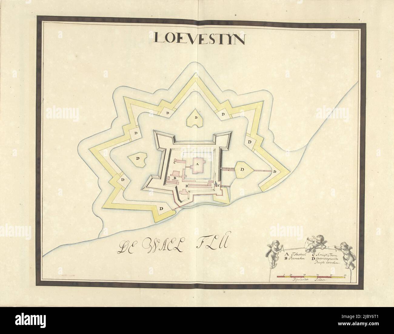 Plan de Slot Loevestein, ca. 1701-1715, Samuel du Ry de Champdoré, 1701 - 1715, Plan des fortifications autour de Slot Loevestein, ca. 1701-1715. En bas à droite une cartouche avec la légende A-D en néerlandais, avec trois putti tenant des boussoles et du ruban de mesure. Partie d'une collection de plans dessinés de lieux fortifiés aux pays-Bas et dans les pays voisins au moment de la guerre de succession d'Espagne (partie A)., rapporteur pour avis: Samuel du Ry de Champdoré, pays-Bas, 1701 - 1715, papier, h 482 mm × l 620 mm Banque D'Images