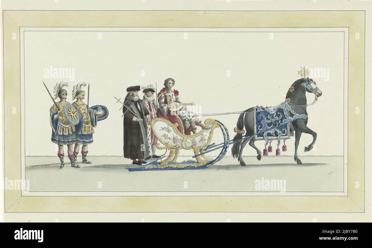 Onzième traîneau, Abraham Delfos, 1776, onzième traîneau de la procession. Un traîneau à la personnification de la musique, dessiné par un cheval, suivi de deux soldats romains. Partie de la série de quinze dessins pour les plaques de la procession de traîneau du 24 janvier 1776 organisée par la Société Leiden Veniam Pro Laude à l'occasion du deuxième centenaire du secours de Leiden (3 octobre 1574) et de la fondation de l'Université de Leiden (8 février 1575)., rapporteur pour avis: Abraham Delfos, pays-Bas du Nord, 1776, document, h 309 mm × l 515 mm Banque D'Images