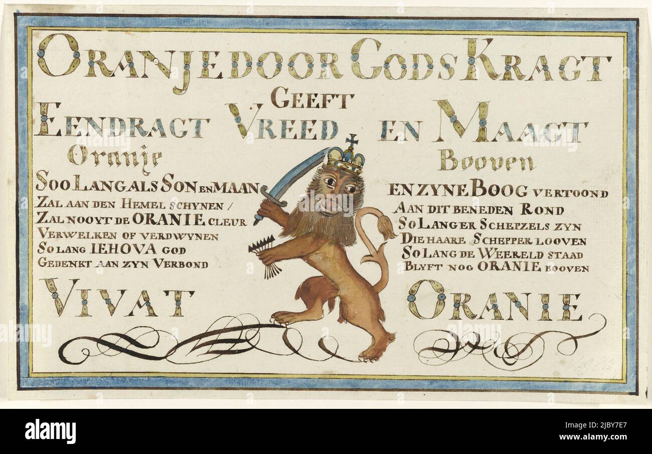 Calligraphie à l'unisson par Orange, 1787-1788, anonyme, 1787, calligraphie à l'unisson dans le pays sous Orange et la bénédiction de Dieu, 1787. Le Lion hollandais avec épée et bouquet de flèches, versets de chaque côté, en bas : Vivat Oranje., anonyme, pays-Bas du Nord, 1787, papier, écriture (procédés), h 182 mm × l 294 mm Banque D'Images