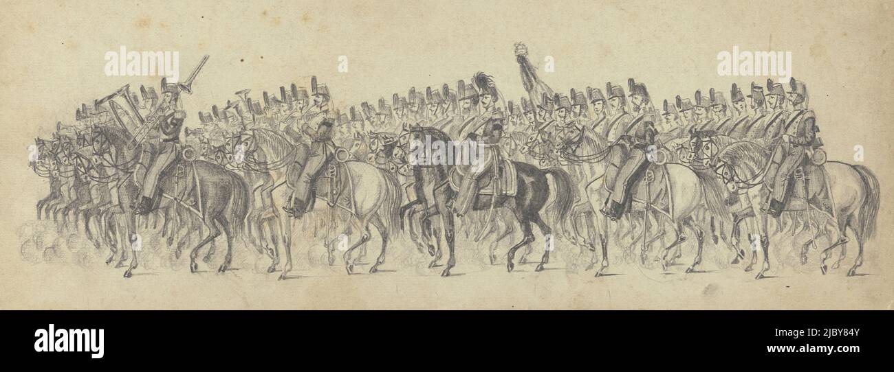 Cortège funéraire d'Anna Paulowna (fiche 1), 1865, anonyme, 1865, musique et soldats à cheval. Première scène dans un livre de croquis illustrant la procession funéraire de feu la reine Anna Paulowna à Delft on 17 mars 1865, couverture avec dix feuilles volantes., dessinateur: Anonyme, pays-Bas, 1865, papier, h 140 mm × l 365 mm Banque D'Images