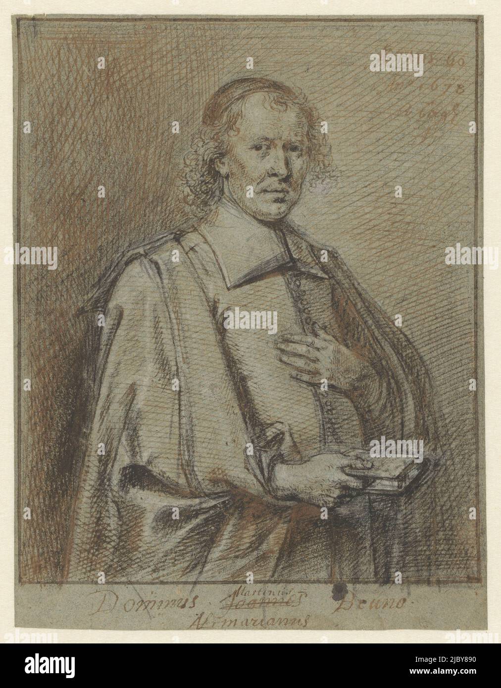 Portrait de Joannes Bruno, à mi-chemin, légèrement à droite, avec un livre dans sa main droite. Joannes était ministre à Egmond aan Zee, Portrait de Joannes Bruno., dessinateur: Mattys van den Bergh, 1678, papier, stylo, h 233 mm × l 180 mm Banque D'Images Portrait de Joannes Bruno, à mi-chemin, légèrement à droite, avec un livre dans sa main droite. Joannes était ministre à Egmond aan Zee, Portrait de Joannes Bruno., dessinateur: Mattys van den Bergh, 1678, papier, stylo, h 233 mm × l 180 mm Banque D'Images