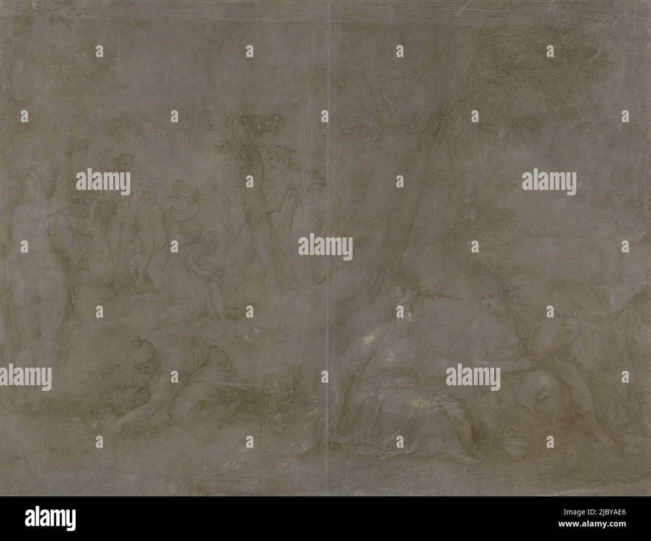 Naissance d'Adonis, Hendrick Goltzius, 1605 ans, au premier plan trois disciples de Juno, dont l'un recueille des feuilles dans un panier. Au loin, en arrière-plan, Myrrha, le nymphe transformé en arbre, donne naissance à Adonis, assisté de Juno Lucino. Une fontaine nymphe reçoit Adonis, les autres nymphes regardent. (Ovid, Metamorphoses X, 503-514)., rapporteur pour avis: Hendrick Goltzius, 1605, papier préparé, stylo, h 456 mm × l 606 mm Banque D'Images