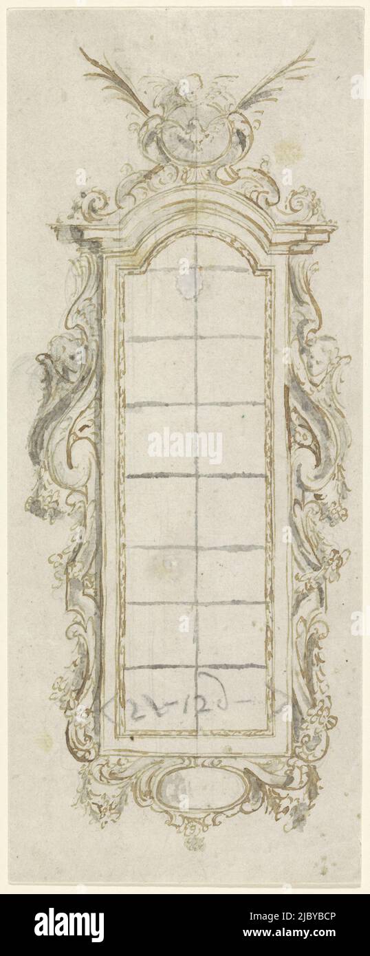 Cadre de fenêtre, anonyme, 1600 - 1800, cadre de fenêtre ornementale, couronné d'un putto et d'une colombe symbolisant le Saint-Esprit., dessinateur: Anonyme, 1600 - 1800, papier, stylo, brosse, h 299 mm × l 120 mm Banque D'Images