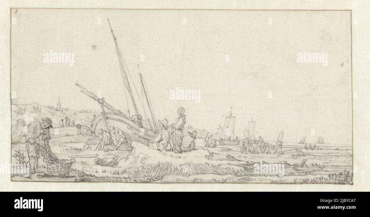 Vue sur la plage avec des bateaux de pêche et des groupes de personnes, Egbert Lievensz. Van der Poel, d'après Simon de Vlieger, 1631 - 1664, rapporteur pour avis: Egbert Lievensz. Van der Poel, rapporteur pour avis: Simon de Vlieger, 1631 - 1664, papier, h 127 mm × l 250 mm Banque D'Images