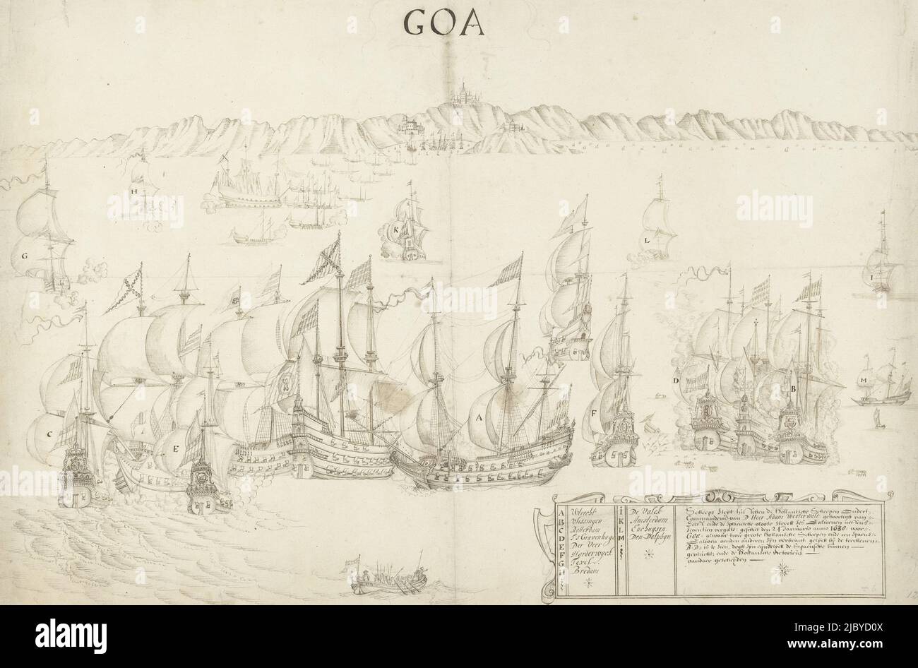 Bataille navale entre les navires néerlandais et espagnols au large de la côte à Goa, 1638, anonyme, 1638, bataille navale entre la flotte hollandaise sous Adam van Westerwolt et une flotte espagnole au large de la côte à Goa, 24 janvier 1638. En bas à droite une cartouche avec le titre et les noms des navires néerlandais A-M., rapporteur pour avis: Anonyme, pays-Bas du Nord, 1638, papier, h 412 mm × l 630 mm Banque D'Images