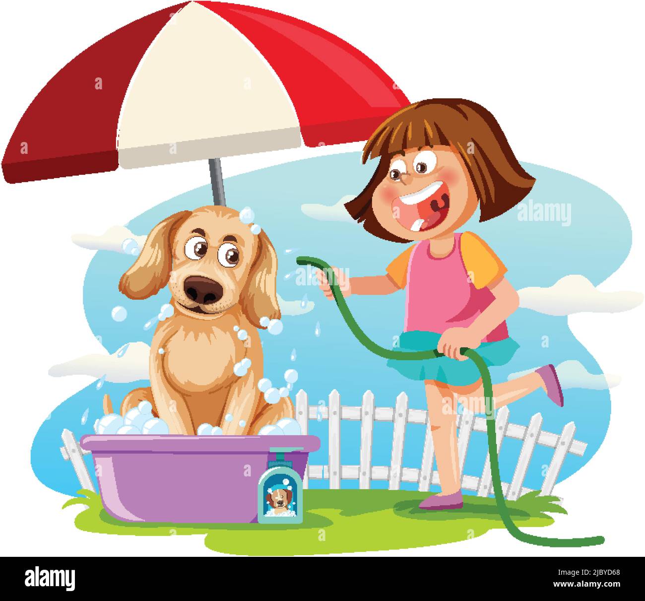 Une fille lavant son illustration de dessin animé de chien Illustration de Vecteur