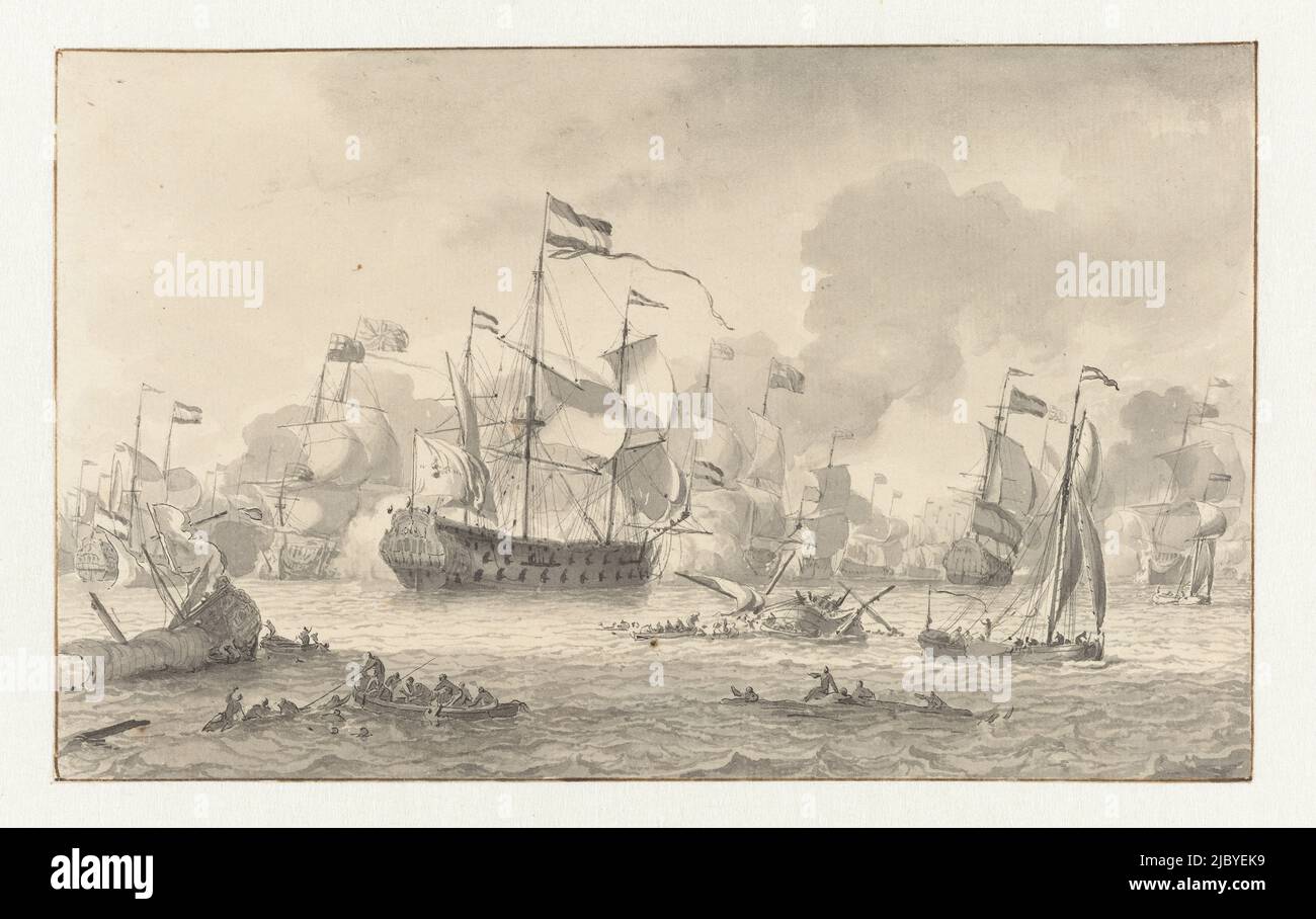 Bataille navale entre une flotte hollandaise et anglaise, Ludolf Bakhuysen, 1641 - 1708, rapporteur pour avis: Ludolf Bakhuysen, 1641 - 1708, papier, stylo, pinceau, h 118 mm × l 193 mm Banque D'Images