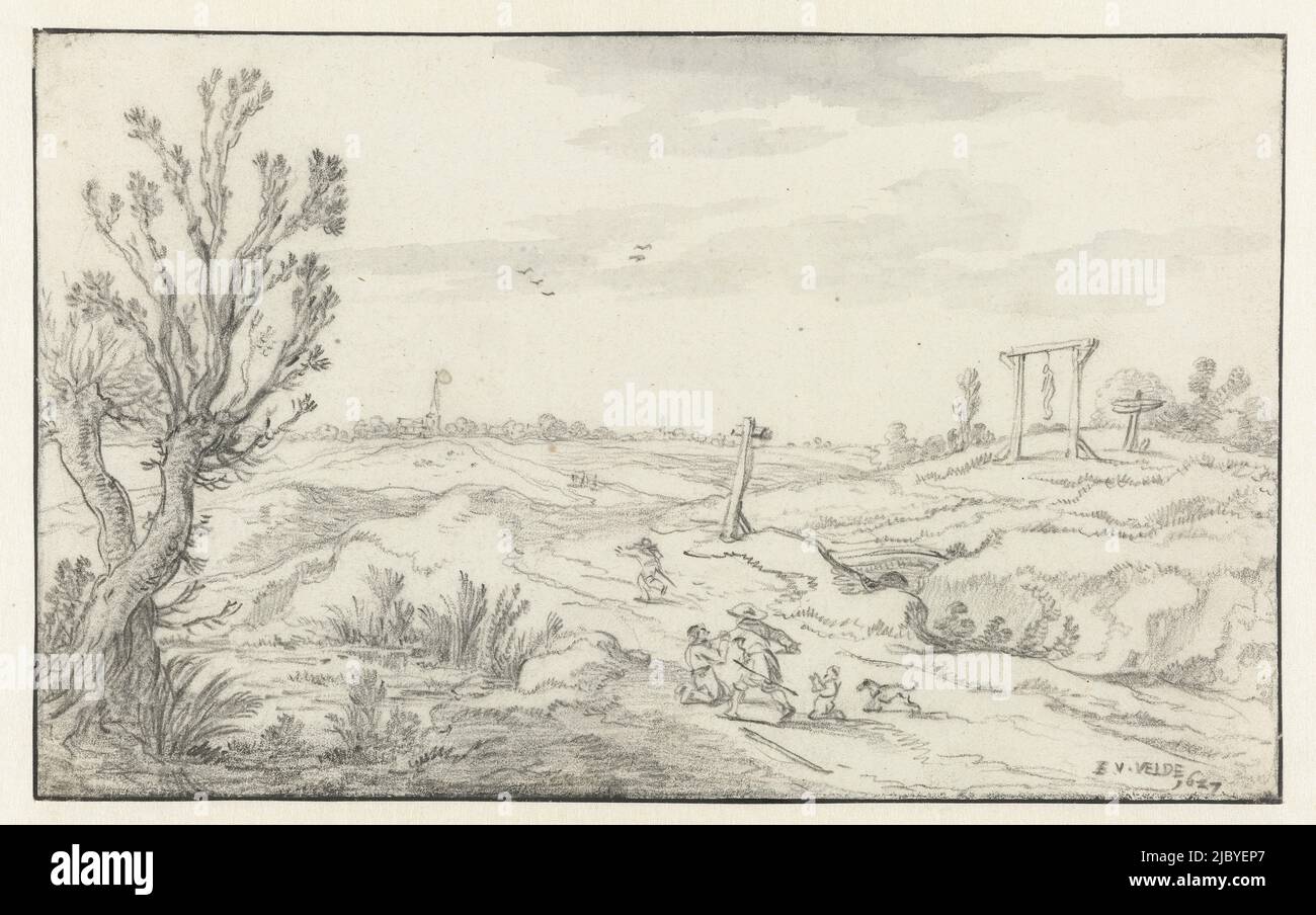 Paysage avec des randonneurs embusqués par un haut-wayman, Esaias van de Velde, 1627, dessinateur: Esaias van de Velde, (mentionné sur l'objet), 1627, papier, pinceau, h 189 mm × l 306 mm Banque D'Images