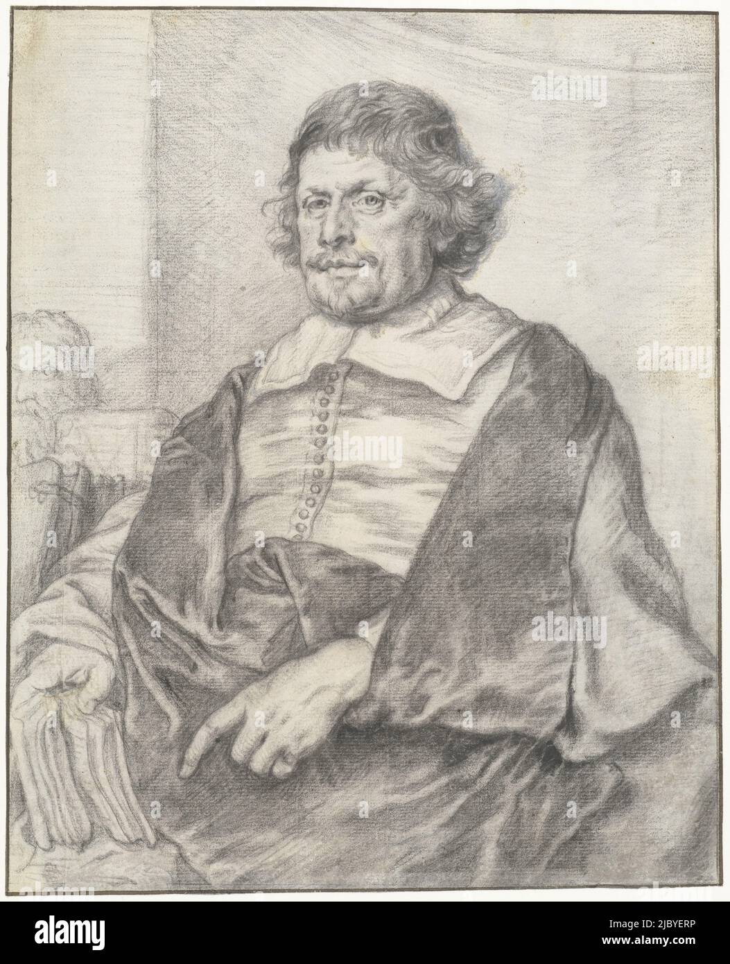Portrait de Caspar Barlaeus, Joachim von Sandrart (I), 1637 - 1643, Design for a print., dessinateur: Joachim von Sandrart (I), 1637 - 1643, papier, pinceau, h 238 mm × l 193 mm Banque D'Images