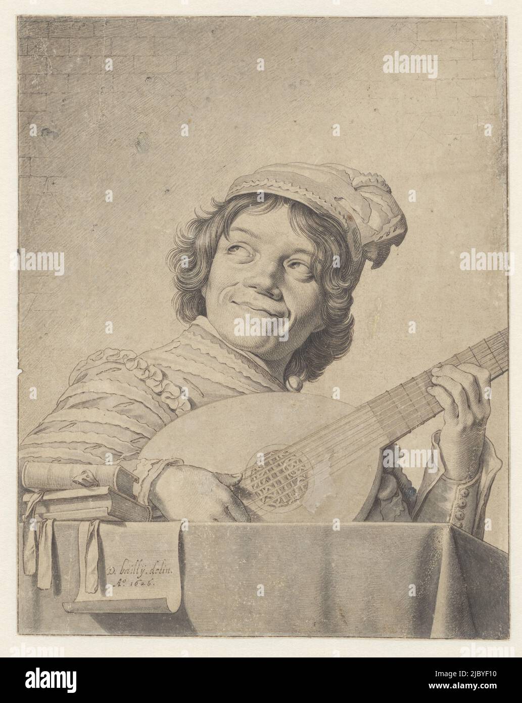 Le joueur de luth, David Bailly, d'après Frans Hals, 1626 ans, rapporteur pour avis: David Bailly, (Mentionné sur l'objet), après : Frans Hals, 1626, papier, stylo, brosse, h 217 mm × l 172 mm Banque D'Images