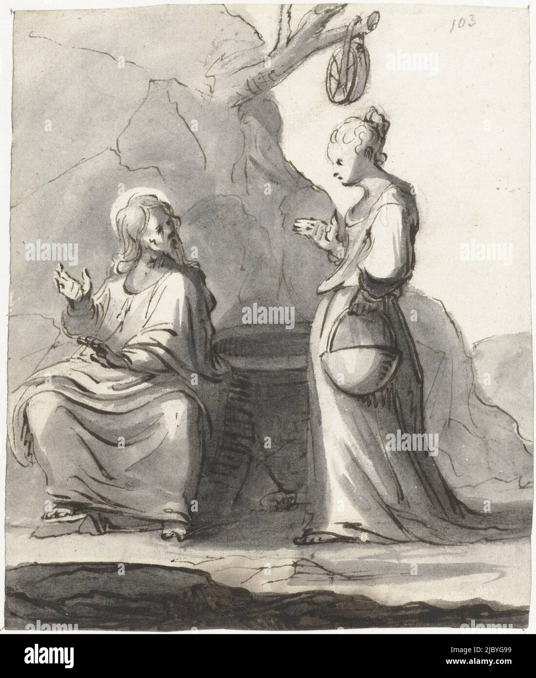 Christ et la femme samaritaine au puits, Moses ter Borch, 1661 - 1662, rapporteur: Moses ter Borch, Zwolle, 1661 - 1662, papier, pinceau, h 181 mm × l 152 mm Banque D'Images