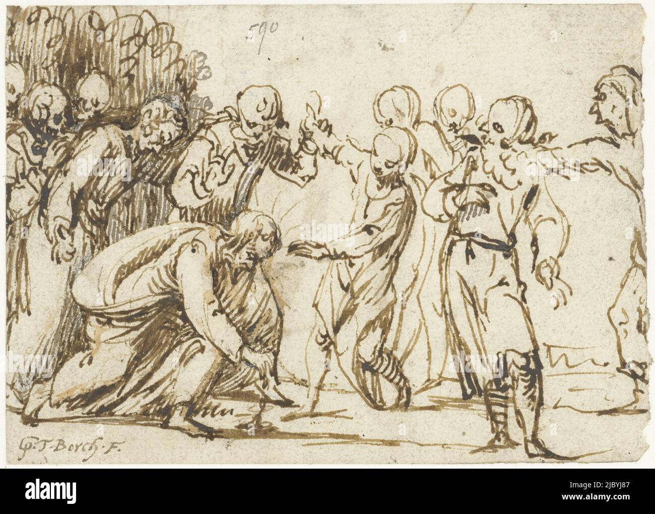 Christ et l'Adultére, Gerard ter Borch (I), 1616, Christ et l'Adultére, Nouveau Testament Jean 8:6., dessinateur: Gerard ter Borch (I), (signé par l'artiste), Zwolle, 1616, papier, h 98 mm × l 138 mm Banque D'Images