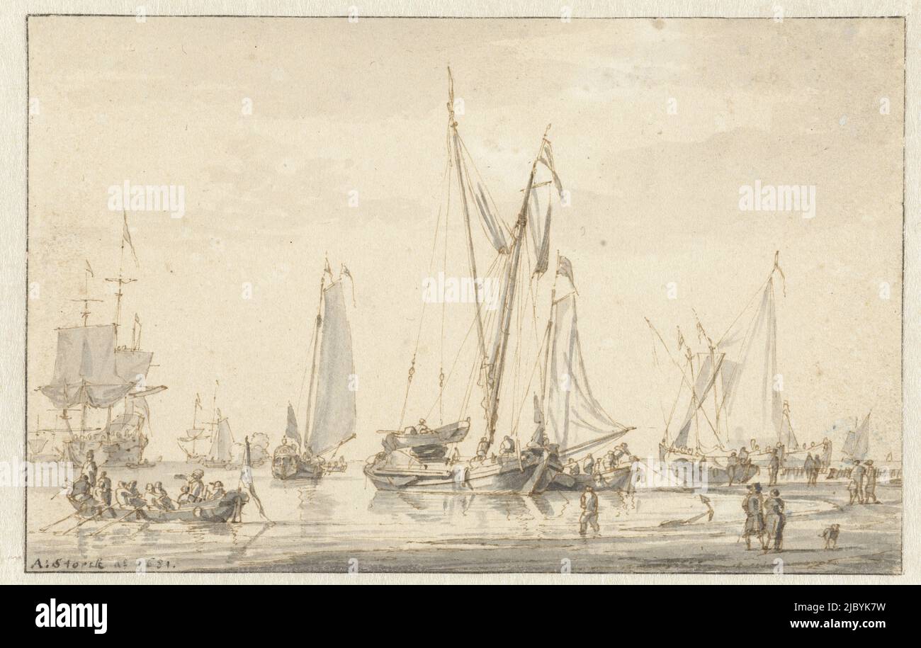 Scène de plage avec des navires amarrés, Abraham Storck, 1681, dessinateur: Abraham Storck, 1681, papier, stylo, pinceau, h 101 mm × l 159 mm Banque D'Images