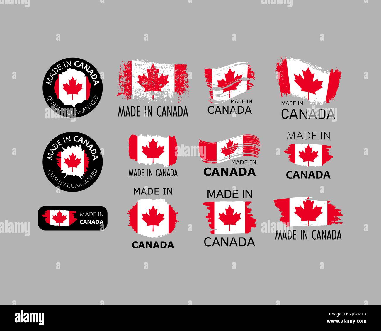 Jeu d'autocollants. Fabriqué au Canada. Traits de pinceau en forme de drapeau canadien. Usine, fabrication et concept de pays de production. Elément de conception pour la Illustration de Vecteur